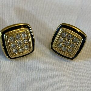 Swarovski Swan Logo Clear Crystals Gold Tone Black Enamel Vintage Earrings